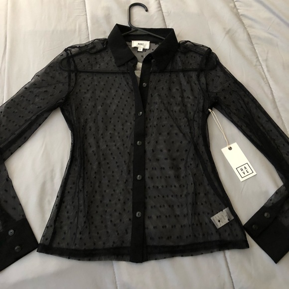 Sheer Black Polka-Dot Button Up Top - Picture 2 of 2